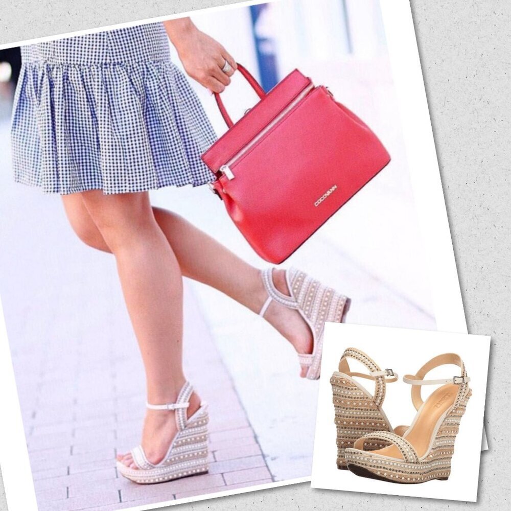 SCHUTZ Carminda Beige Espadrille Embellished Wedge Sandals Shoes Womens Size 10B